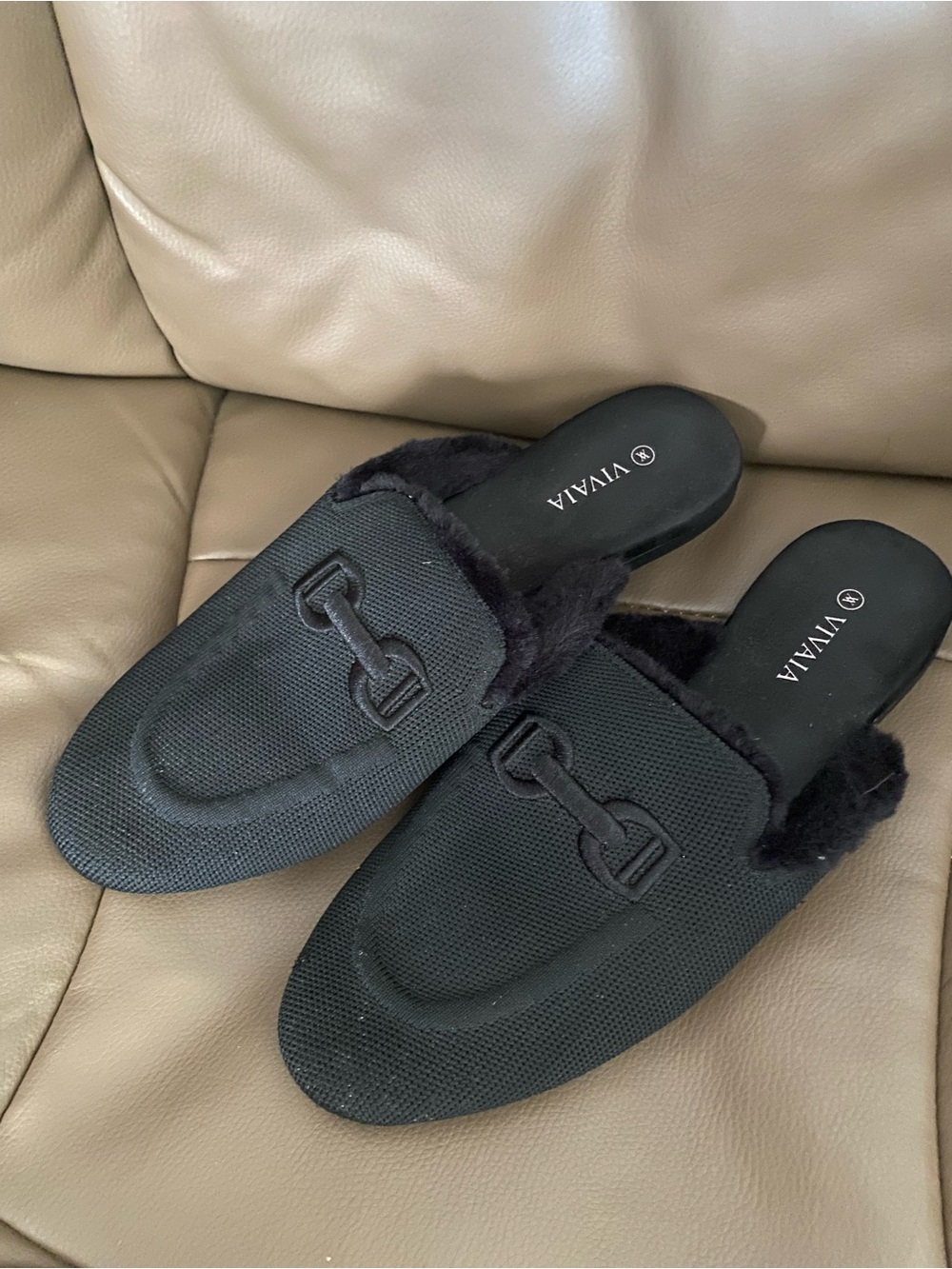 VIVAIA Black Faux-Fur Lined Mule Loafers
